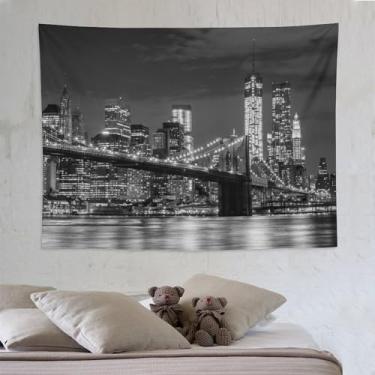 Imagem de ZhiRain Tapeçaria de Nova York para pendurar na parede preto e branco Ponte do Brooklyn Skyline tapeçarias iluminadas decoração de casa para sala de estar quarto apartamento fazenda dormitório 152.4