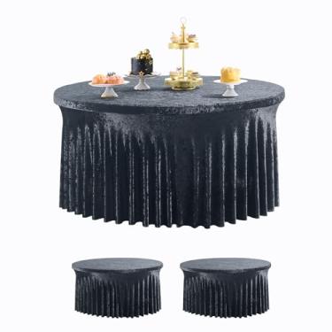 Imagem de gogoparti Pacote com 2 toalhas de mesa de veludo preto adequadas para mesa redonda padrão de 152 cm, toalha de mesa redonda de elastano lavável de 300 cm para festa, casamento, chá de bebê, cozinha,