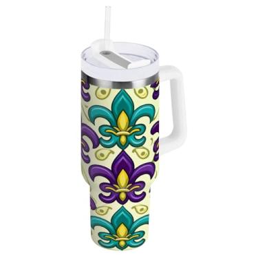 Imagem de Blueangle Copo isolado para Mardi Gras de 1,134 g com alça e tampa de palha, caneca de viagem reutilizável de aço inoxidável (335)