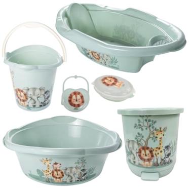 Imagem de KIT BANHEIRA DE BEBÊ DECORADA PLASUTIL BACIA LIXEIRA BALDE SABONETEIRA PORTA CHUPETA (Safari)