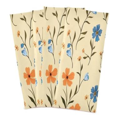 Imagem de Wassud Toalhas de cozinha flores azuis e laranjas toalhas de prato de cozinha pacote com 4 panos de prato macios com laço para pendurar toalha de mão super absorvente de secagem rápida toalhas de chá