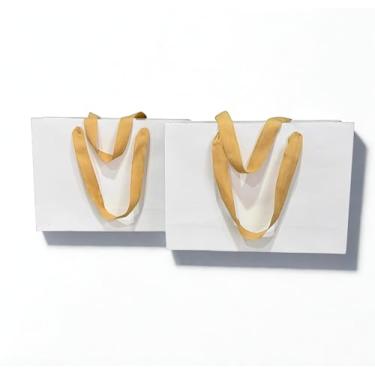 Imagem de Sacola de Papel 32x23x10cm, Branca com Alça Gorgorão, kit com 10 unidades (ALÇA DOURADA)