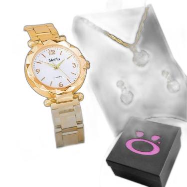 Imagem de Relógio Feminino Banhado Aço Inox + Colar + Brincos + Caixa