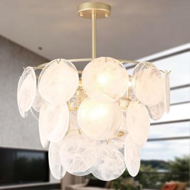 Imagem de TDGXFL Luminária de teto de montagem semi-embutida para sala de jantar, lustres de cristal de vidro de 50 cm, luminárias com moldura de ferro redonda dourada de 3 camadas, luminária pendente para sala