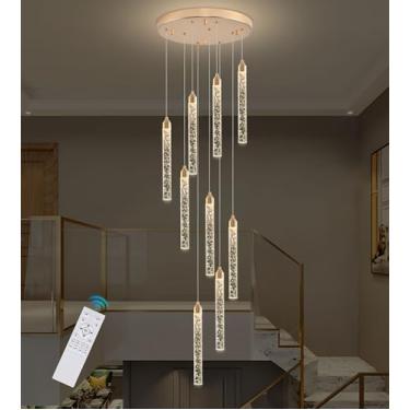 Imagem de Upfelw Lustre de escada de cristal, moderno dourado espiral regulável LED cluster pingo de chuva lustre iluminação, lâmpada suspensa para sala de estar bolha 9 luzes controle remoto