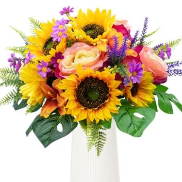 Imagem de GYWJJ Buquê de girassóis artificiais, outono, girassóis falsos, flores, rosas, lavanda, crisântemo, arranjos florais de seda para mesa de casa, decoração de cemitério nupcial (38 cm)