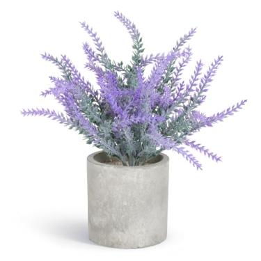 Imagem de Lovmeety Flores artificiais de lavanda em vaso, plantas de lavanda pequenas plantas artificiais em vasos florais para casa, escritório, banheiro, quinta, prateleiras, mesa, decoração interna