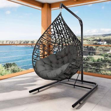 Imagem de Cadeira Balanço Ninho Suspenso Gota Tramado Almofada Impermeável Acesse Móveis Preto-cinza