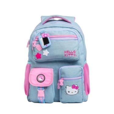 Imagem de Mochila De Costas Hello Kitty Jeans Juvenil Meninas Escolar, Azul