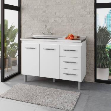 Imagem de Balcão 120cm Bianca 02 Portas e 03 Gavetas com Pia e Cuba GhelPlus Branco Moblis