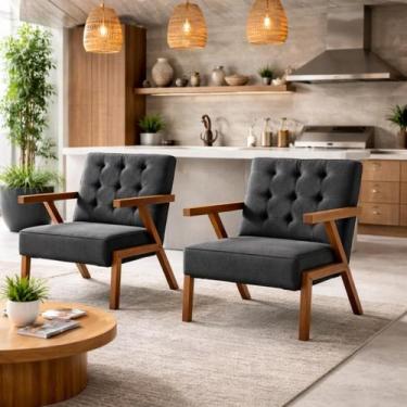 Imagem de Kit 2 Poltronas Zara Tecido Linho Moderna Decorativa Braços Pés Madeir