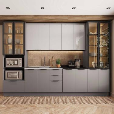 Imagem de Cozinha 6 Peças com Paneleiro para Forno e Micro-ondas com Iluminação e Vidro Fumê Lumina Cinza