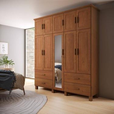 Imagem de Guarda-roupa Bipartido 10 Portas 4 Gavetas com Espelho Bronze 100% Madeira Maciça Castanho