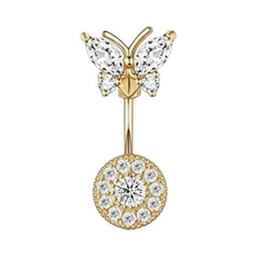 Imagem de Piercing De Umbigo Em Aço Inoxidável Dourado Com Flor E Coração De Cri