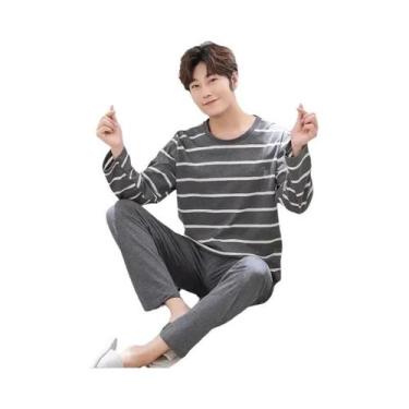 Imagem de Conjunto De Pijamas Listrados De Manga Longa Para Homens Com Calças E 