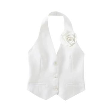 Imagem de Colete Branco Sem Costas Com Alça Halter Para Mulheres, Top Casual Chi