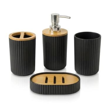 Imagem de Kit Banheiro 4 Peças Bambu | Dispenser, Saboneteira, Porta Escovas e Copo Organizador para Pia e Lavabo