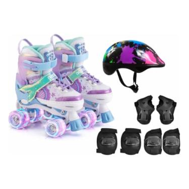 Imagem de Patins Infantil de 4 Rodas Ajustável Rodinha Led Sereia Com Kit Proteção (Roxo, M - 32 a 35)
