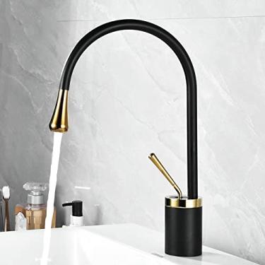 Imagem de Torneira de lavatório estilo gota escovado latão torneiras de banheiro quente frio misturador torneira 360 torneiras giratórias em cascata arte guindaste, ouro preto curto