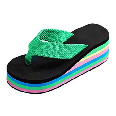 Imagem de Chinelos femininos de salto plataforma floral cor sola praia chinelos moda chinelos femininos grossos sandálias planas de couro, Verde, 8.5