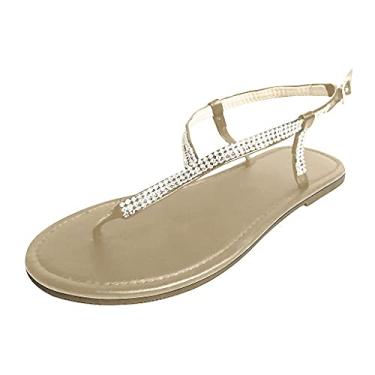 Imagem de Sandálias femininas casuais de verão chinelos casuais com strass dedo do pé sapatos romanos sandálias abertas de verão femininas, Dourado, 6.5