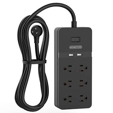 Imagem de Cabo de extensão longo de 4,5 m, protetor contra sobretensão de tomada plana NTONPOWER com 6 tomadas, 2 portas USB, 1080 Joules, estação de carregamento de montagem na parede, proteção contra sobrecarga para home office, certificação ETL, preto