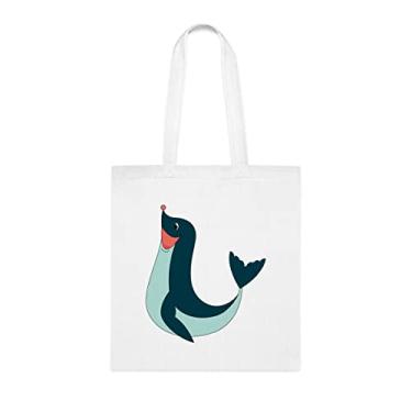 Imagem de Sacola de ilustração vetorial com selo de pele azul sorridente, presente divertido, bolsa de ombro, bolsas reutilizáveis, ideia de presente de cesta de Natal de aniversário, Branco