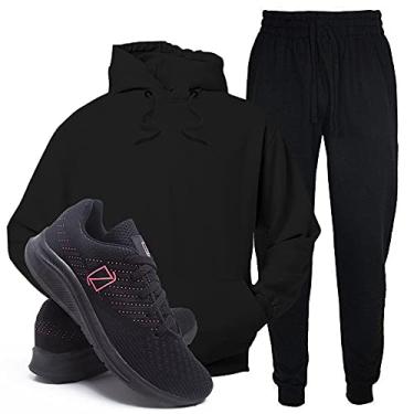 Imagem de Conjunto Blusa e Calça Moletom + Tenis Academia Casual Conforto - Preto/PretoRosa - M/37