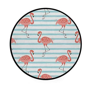 Imagem de Tapete de área redondo para engatinhar, flamingo rosa em azul, listrado, decoração de casa, tapete de banheiro, tapete antiderrapante, tapete macio, diâmetro 92 cm