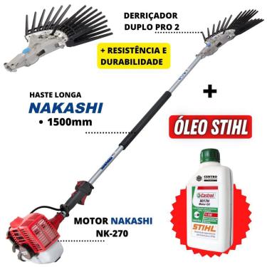Imagem de Derriçadeira de Café Profissional Nakashi com Kit de Mãozinha de Garra Dupla Pro 2 e Haste Longa de 150cm + 01 Óleo Castrol Stihl de 500ml