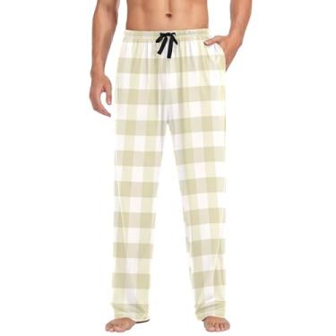 Imagem de KLL Calça de pijama masculina búfalo creme bege calça larga de algodão com bolsos calça pijama com cordão, Búfalo bege creme, GG