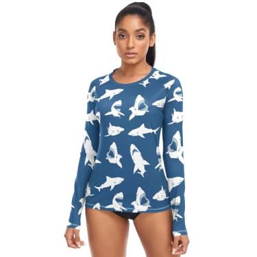 Imagem de KLL Camiseta feminina Shark Ocean azul marinho Rash Guard de manga comprida atlética FPS 50+, Tubarão, oceano, azul-marinho, P