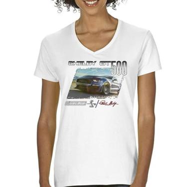 Imagem de Camiseta feminina Shelby GT500 gola V assinatura Mustang Racing Cobra GT 500 Muscle Car Performance Powered by Ford Tee, Branco, P