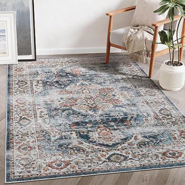 Imagem de befbee Tapetes para sala de estar 15 x 22 cm – tapetes laváveis à máquina antiderrapantes resistentes a manchas para quarto – Boho Persa Tapete de área grande (azul-marinho, 1,8 m x 2,3 m)