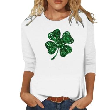 Imagem de Camiseta feminina do Dia de São Patrício com estampa de trevo da sorte irlandesa, túnica verde, blusas básicas de gola redonda moderna, Prata, 3G