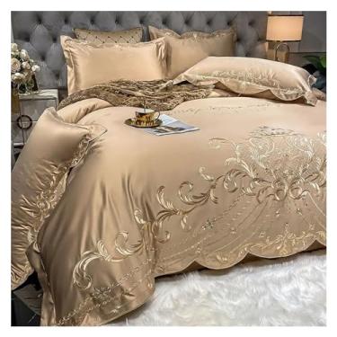 Imagem de Jogo de lençol de cama / lençol com elástico com quatro peças de algodão de alta qualidade capa de edredom para casamento queen (amarelo 1,5 m cama 4 peças)