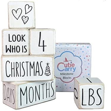 Imagem de Blocos de Milestone da Cutie Carry 6 Blocos de Madeira Conjunto Mais Completo para Bebês Meninos ou Meninas, Decoração Rústica de Quarto de Bebé (Branco)