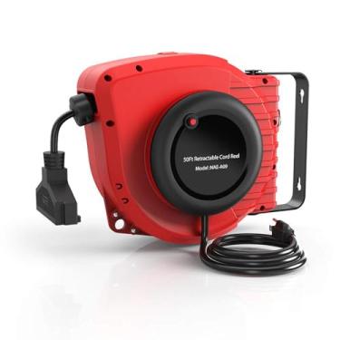 Imagem de SZITW Carretel de cabo de extensão retrátil 50FT + 4,5 (15 + 1,5M) Carretel de cabo de alimentação elétrica 14AWG 13A 3C SJT com tomada tripla aterrada Suporte para parede/teto (giratória de 180°) Rol