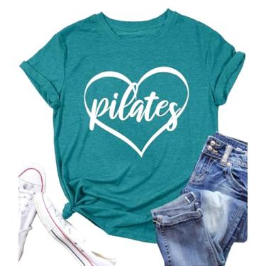 Imagem de PECHAR Camisetas femininas de Pilates - Camisetas de coração com estampa de ioga para amantes de esportes, presentes para professores de Pilates, Azul ciano, G