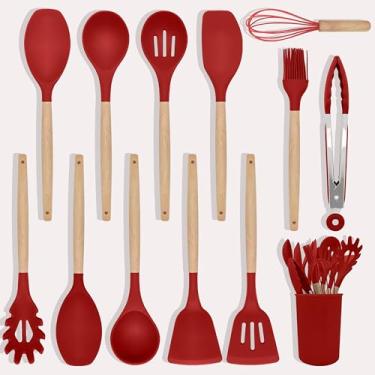 Imagem de Conjunto de utensílios de cozinha, 12 peças antiaderentes de silicone, cabo de madeira, conjunto de utensílios de cozinha de silicone com suporte, lavável na lava-louças, livre de BPA (vermelho)