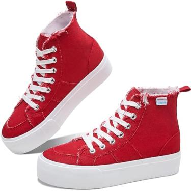 Imagem de Obtaom Tênis de cano alto plataforma feminino cano médio para brincar de lona, plataforma lavada, skate, tênis casual de lona, Vermelho, 35