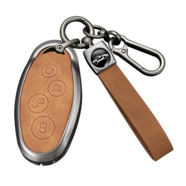 Imagem de HIBEYO Capa de chaveiro compatível com acessórios BYD Capa de liga de zinco compatível com BYD Song Max Yuan S7 Qin 80 capa protetora de couro chaveiro longo marrom