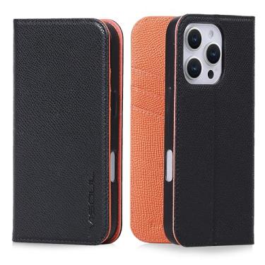 Imagem de VISOUL Capa de couro para iPhone 16 Pro capa carteira com porta-cartão, capa carteira de couro real com suporte magnético capa fólio compatível com iPhone 16 Pro (6,3 polegadas) - preto + laranja