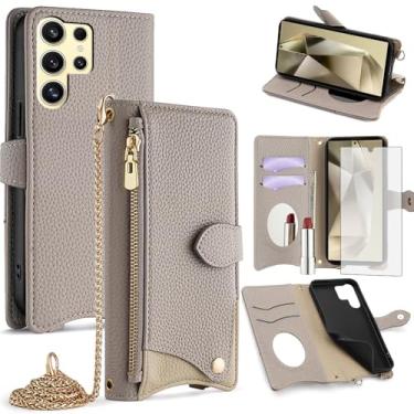 Imagem de Asuwish Capa de celular para Samsung Galaxy S24 Ultra 5G Capa carteira com protetor de tela de vidro temperado e capa flip espelhada com suporte para cartão com alça transversal S24Ultra 24S S 24