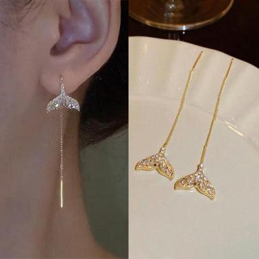 Imagem de Brinco Sereia Dourado Strass Sobrepor Delicado Feminino long - anjo da