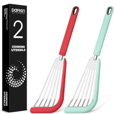 Imagem de Conjunto de 2 espátulas de silicone para peixe, espátulas finas para panelas antiaderentes, espátula de cozinha de aço inoxidável flexível resistente ao calor para peixes, ovos, panquecas