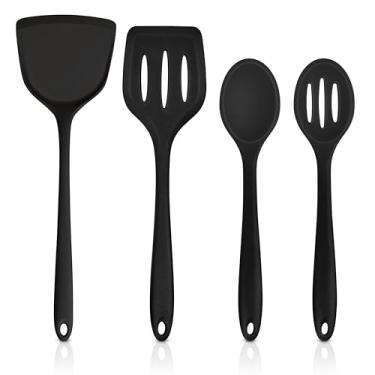 Imagem de TeamFar Conjunto de 4 utensílios de cozinha, utensílios de cozinha de silicone, espátulas sólidas e com fenda para panelas antiaderentes, design não tóxico e sem costura, resistente ao calor e não