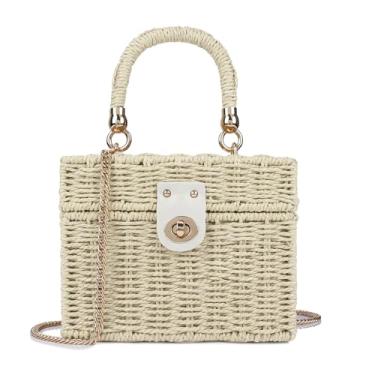 Imagem de Bolsa feminina de vime feita à mão, bolsa de ombro transversal de palha para praia, bolsa de mão com alça superior com alça de corrente, Bege