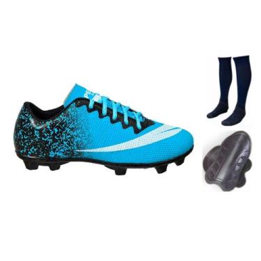 Imagem de Chuteira Campo Adulto Infantil com Meião Caneleira - Perflex, Azul cel