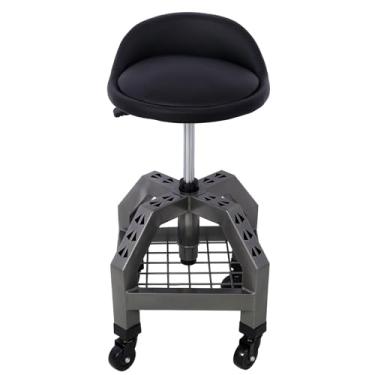 Imagem de SPOFLYINN Banqueta giratória pneumática de 360 graus, banco mecânico com rodízios para armazenamento de prateleira, capacidade máxima de peso de 136 kg, assento de garagem resistente para loja cinza